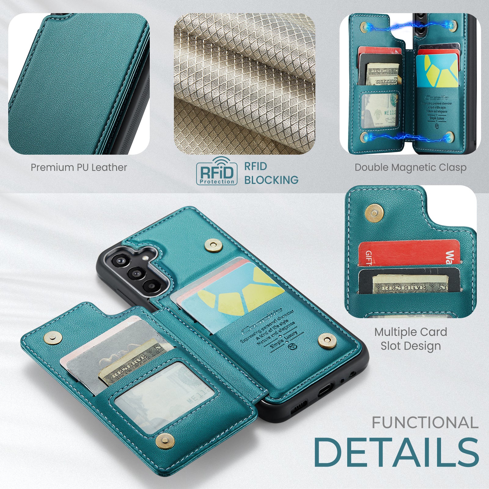 For Samsung Galaxy A16 5G / A16 4G Case CASEME C22 Series Leather+TPU Cover RFID Blocking 5 Card Slots - Green For Samsung Galaxy A16 5G / A16 4G Case CASEME C22 Series Leather+TPU Cover RFID Blocking 5 Card Slots - Green